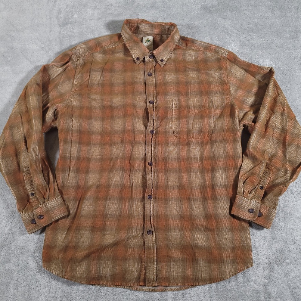 Territory‎ Ahead Shirt Mens 2XL Brown Orange Plaid Long Sleeve Corduroy